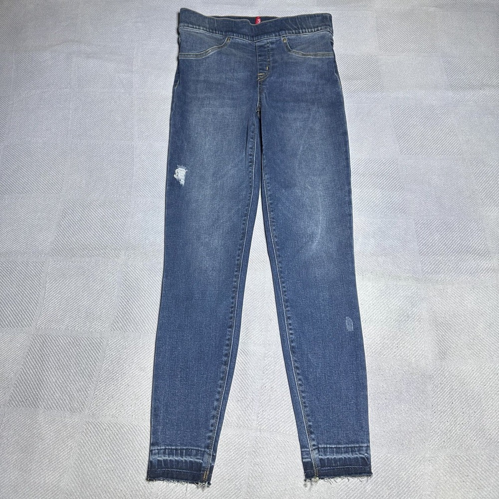 Spanx Distressed Skinny Ankle Jeans Women's Small‎ Raw Hem Pull On Stretch Denim